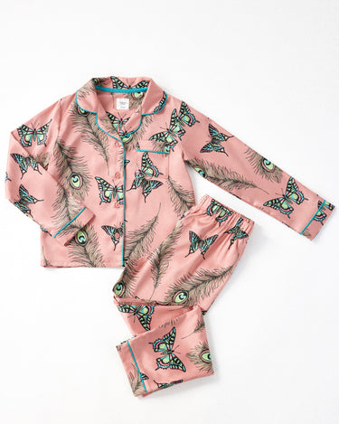 Kids' Blush Butterfly & Peacock Satin Button Up Long Pyjama Set